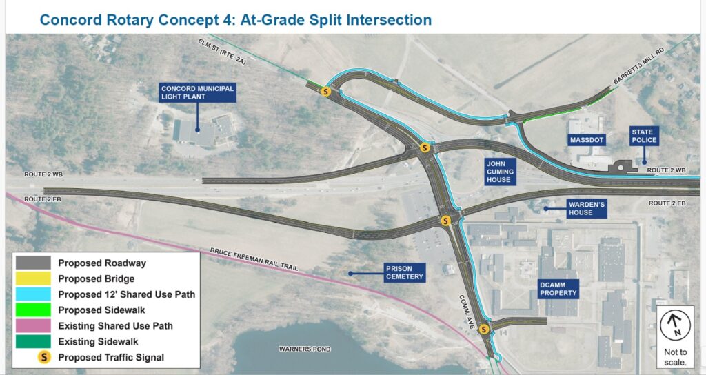 A map of the proposed reworking of the Concord Rotary area of MA Route 2 showing a split intersection.